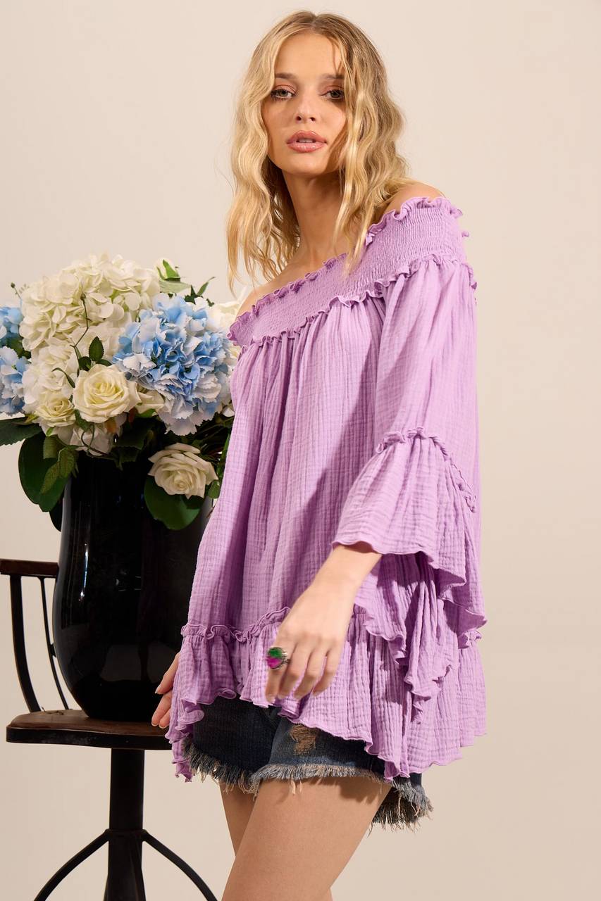 Yacamim Lilac Gypsy Blouse with Smocked Shoulders