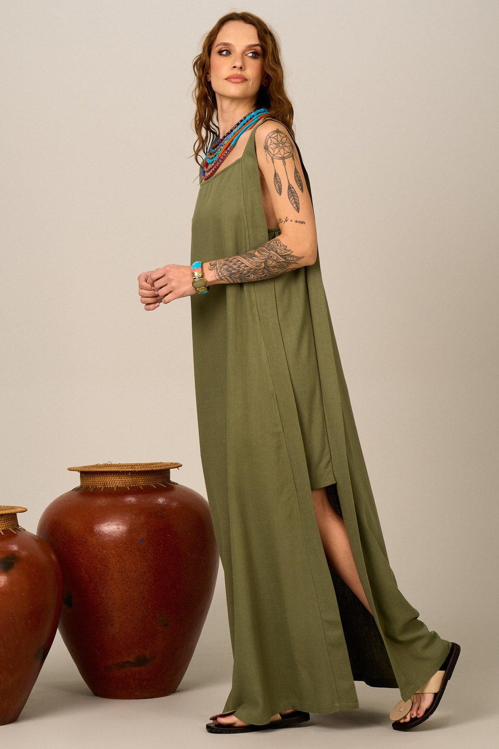 Yacamim D10 Green Long Dress with Wide Straps and Slits