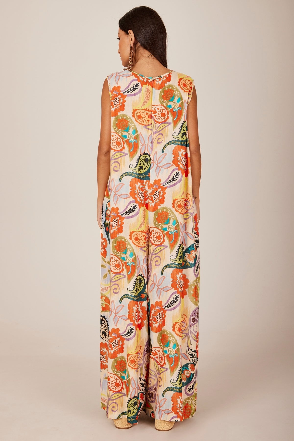 Yacamim Women's Beige Cashmere Print Long Linen Jumpsuit P1