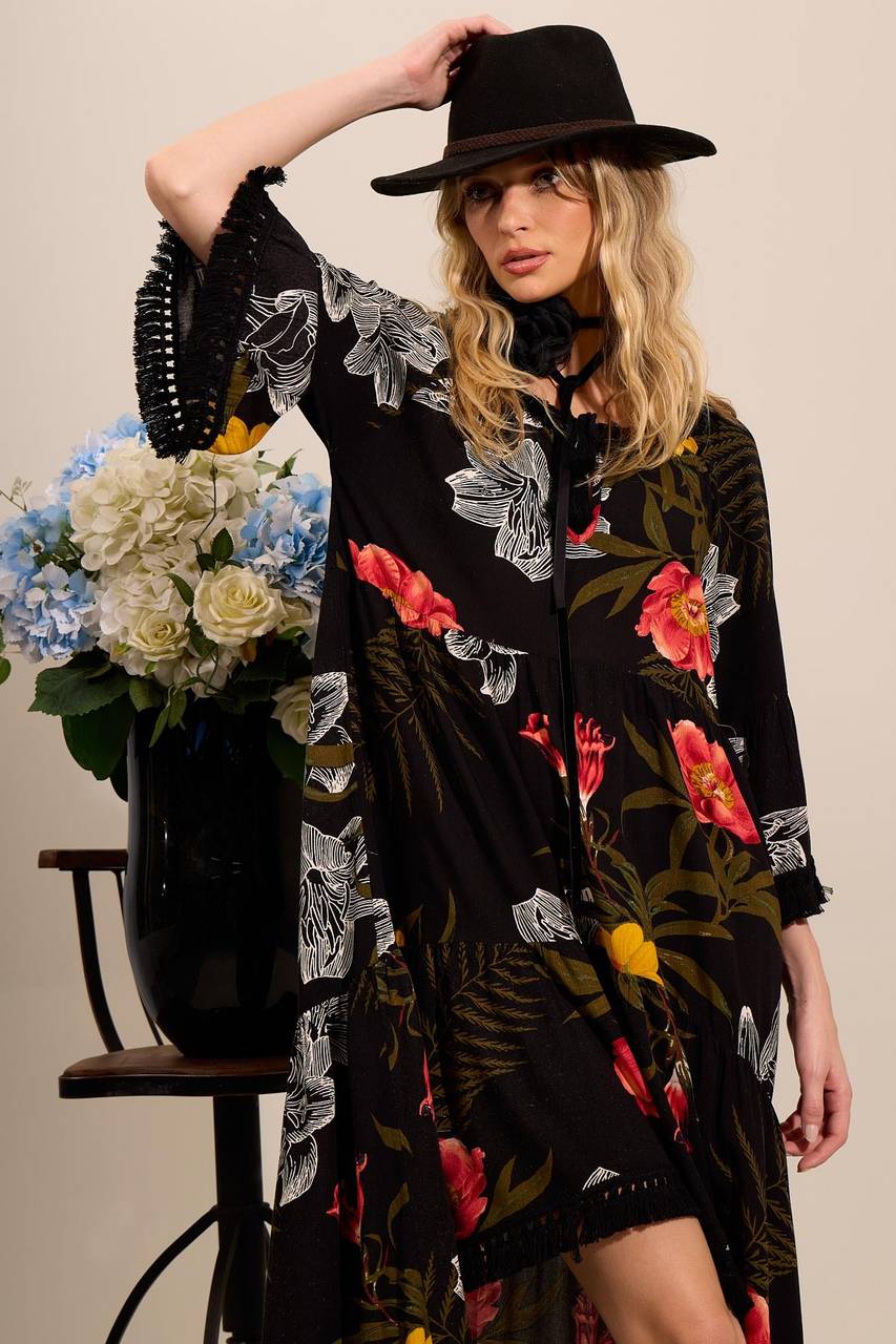 Yacamim C18 Printed Black Mullet Dress with Fringed Cuffs and Hem