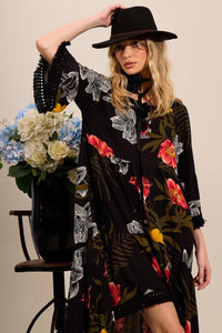 Yacamim C18 Printed Black Mullet Dress with Fringed Cuffs and Hem