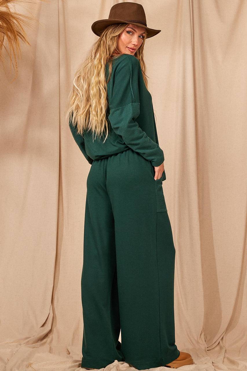 Dark Green Yacamim Sweatshirt Palazzo Pants with Pockets