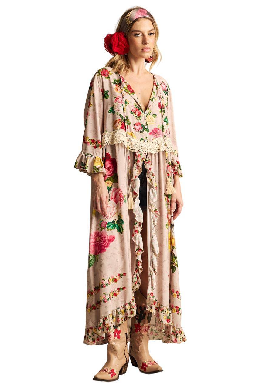 Yacamim C27 Beige Floral Print Midi Dress With Front Slit