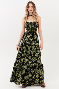 Yacamim Black and Green Printed Long Dress C15