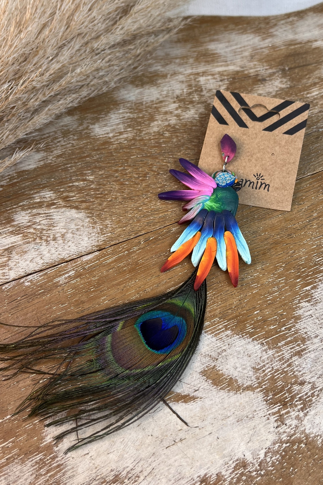 Handmade Polymer Clay Macaw Earring with Peacock Feather Yacamim #283