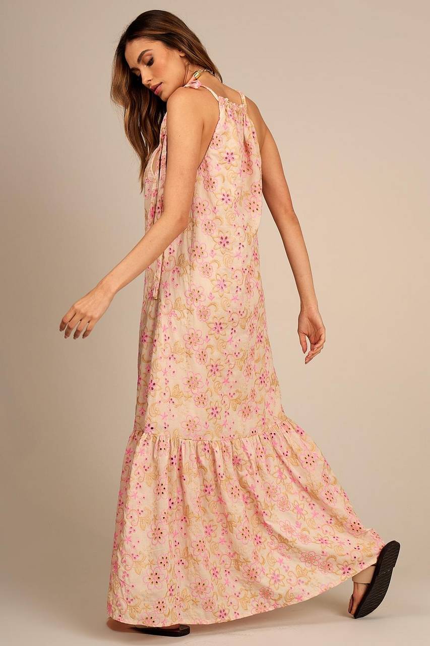 Long Broderie Beige Dress with Pink Embroidery Yacamim C20