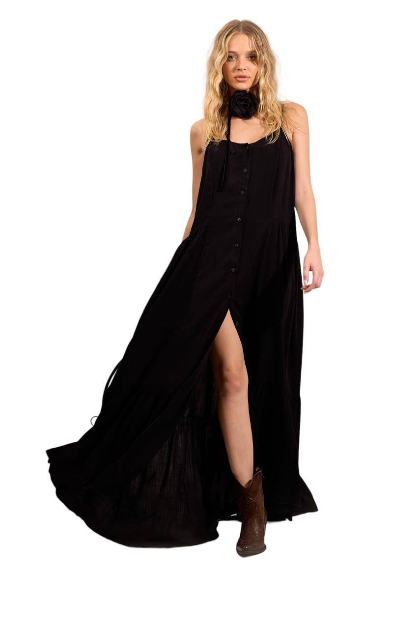 Black Yacamim Long Dress with Adjustable Straps