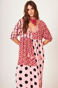 Light Pink Polka Dot Patchwork Midi Dress Yacamim E26