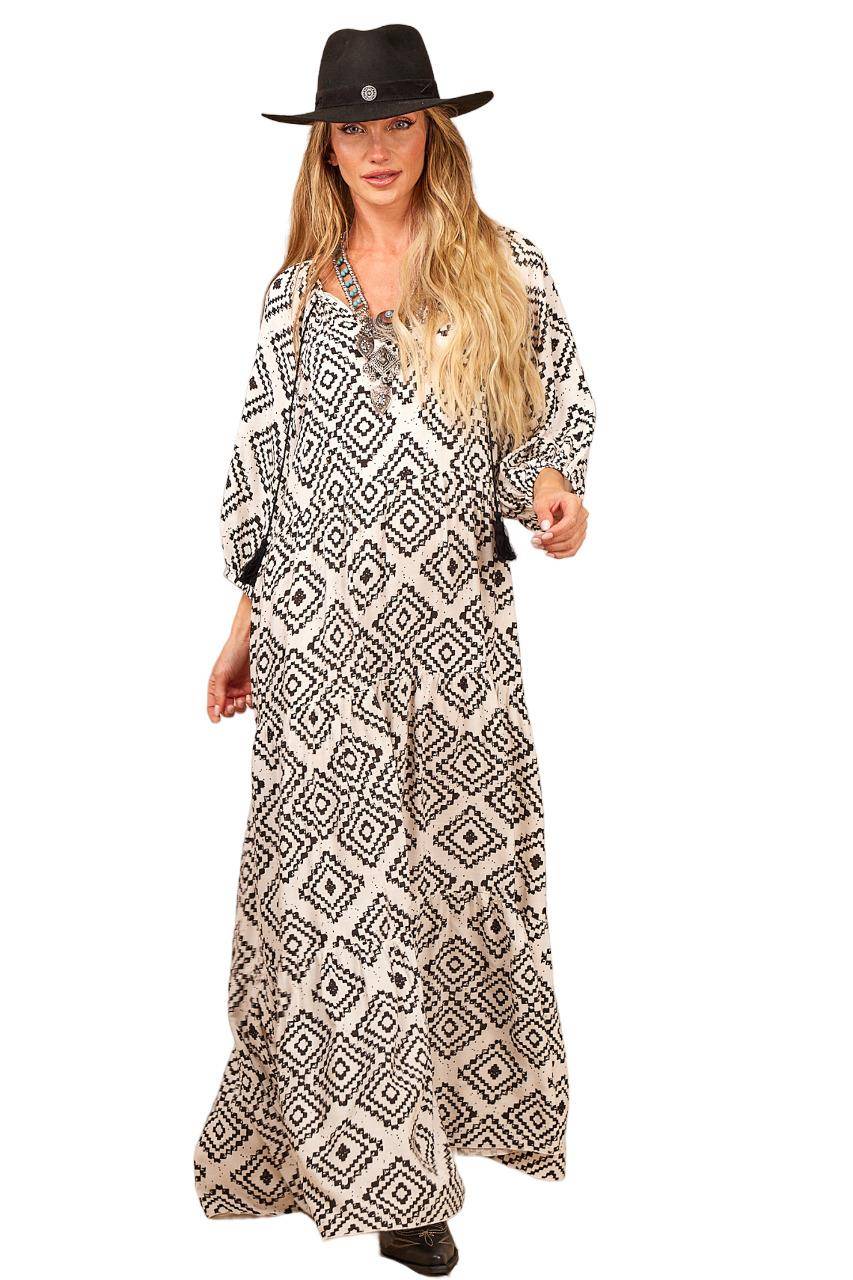 Yacamim Printed White Long Dress with Long Sleeves