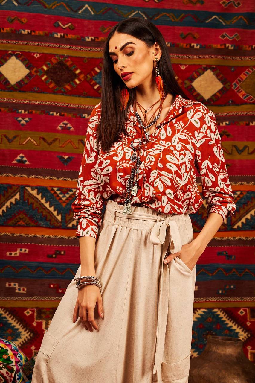 Yacamim Terracotta Printed Long-Sleeved Shirt with Front Pocket