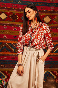 Yacamim Terracotta Printed Long-Sleeved Shirt with Front Pocket