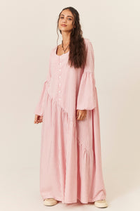 Vestido Longo Amplo Com Recorte Transversal Rosa Listrado Yacamim E19