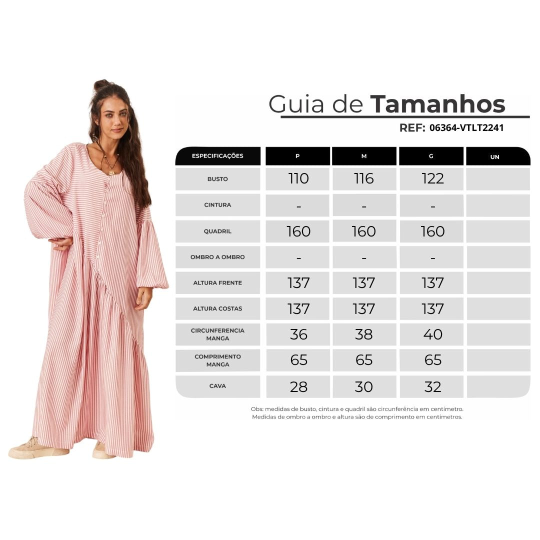 Vestido Longo Amplo Com Recorte Transversal Rosa Listrado Yacamim E19