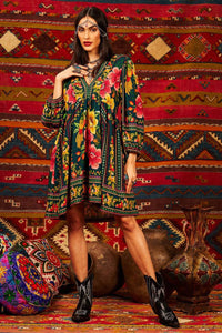 Yacamim Dark Green V-Neck Printed Short Dress