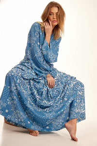 Blue Patchwork Yacamim Long Polyester Dress With Puffy Sleeves