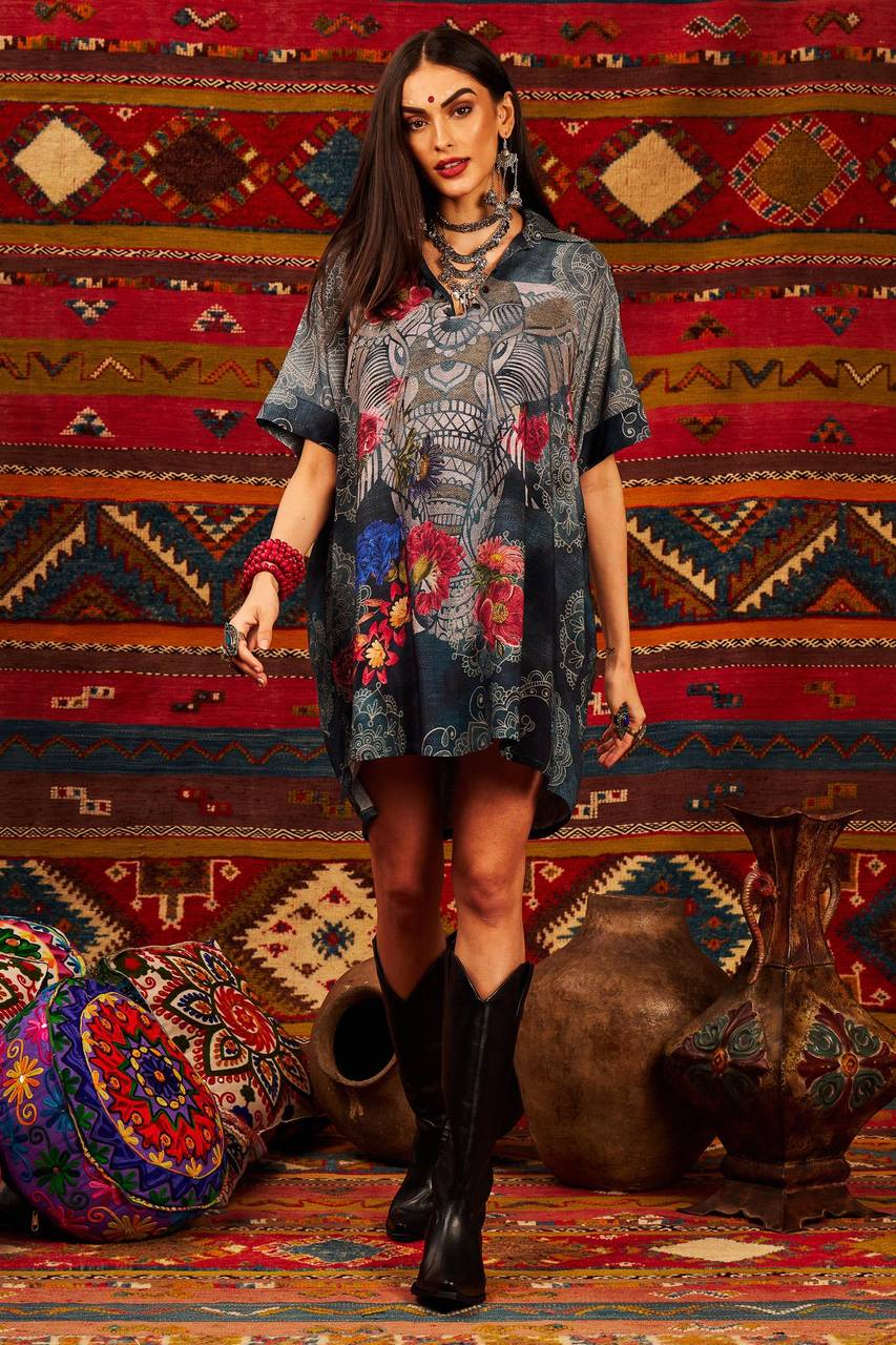 Yacamim Grey Elephant Print Oversized Shirt