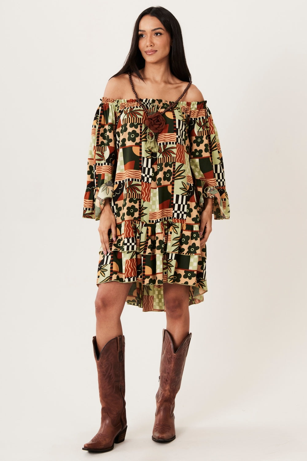 Yacamim D20 Green Printed Off-the-Shoulder Dress with 3/8 Sleeves