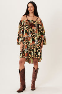 Yacamim D20 Green Printed Off-the-Shoulder Dress with 3/8 Sleeves