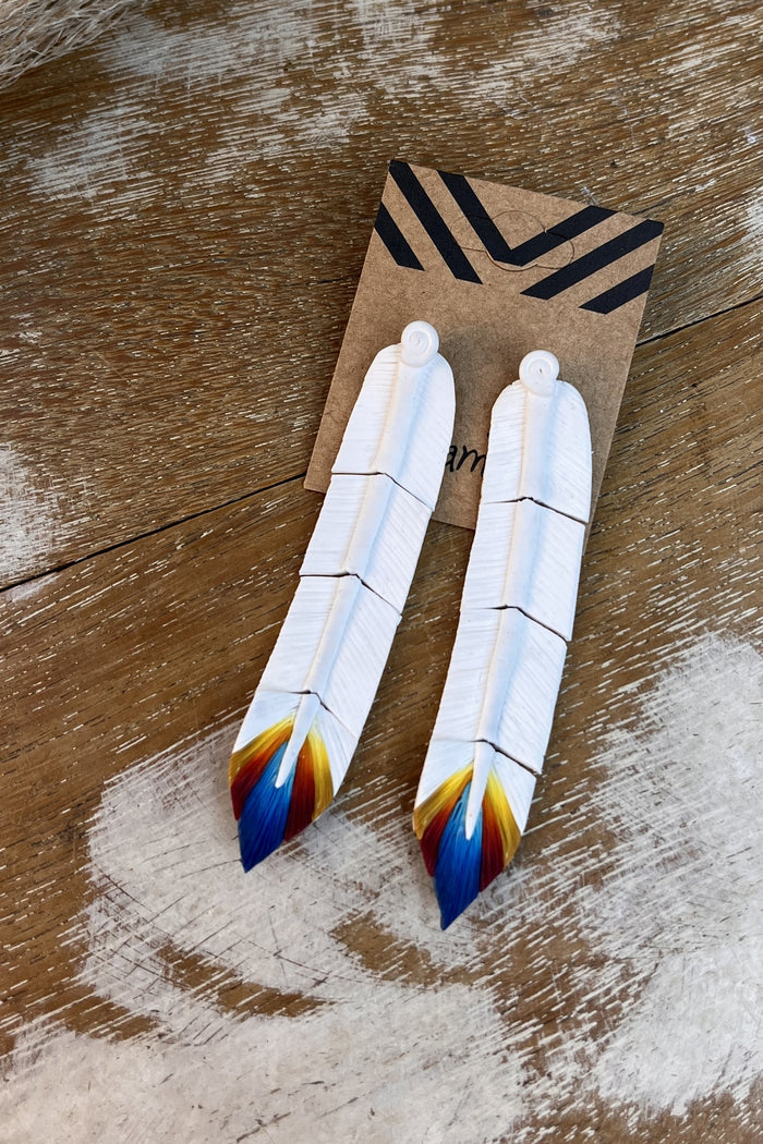 Handmade Polymer Clay Earrings White Feathers Yacamim #282