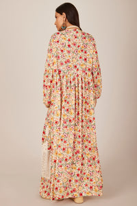 Long Dress with Puffy Sleeves Beige Printed Yacamim C14