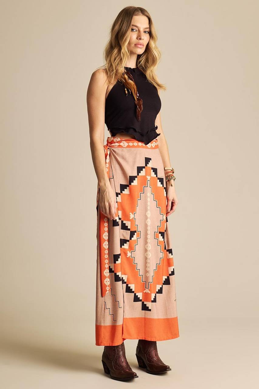 Yacamim A39 Printed Orange Wrap Long Straight Skirt