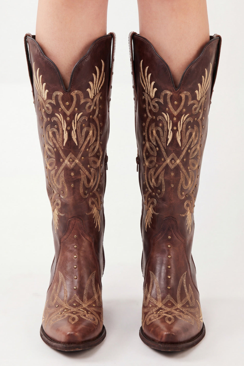 Yacamim Brown Embroidered Pointed-Toe Knee-High Boots #370