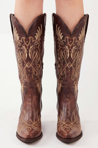 Yacamim Brown Embroidered Pointed-Toe Knee-High Boots #370