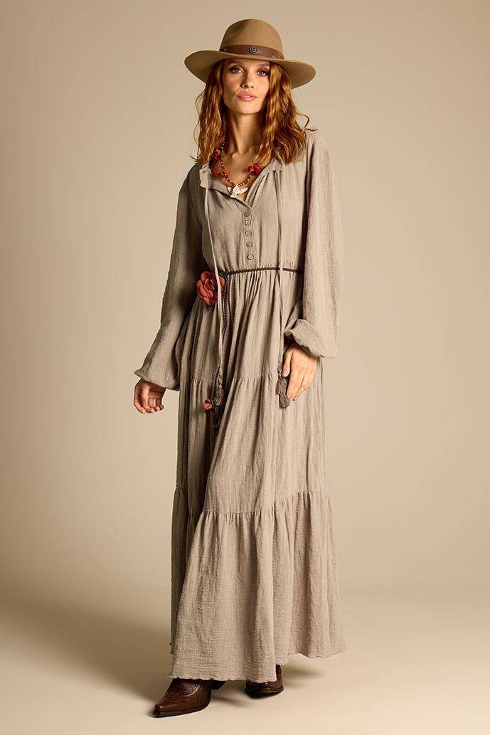 Yacamim Long Linen 3 Tier Dress in Green E20