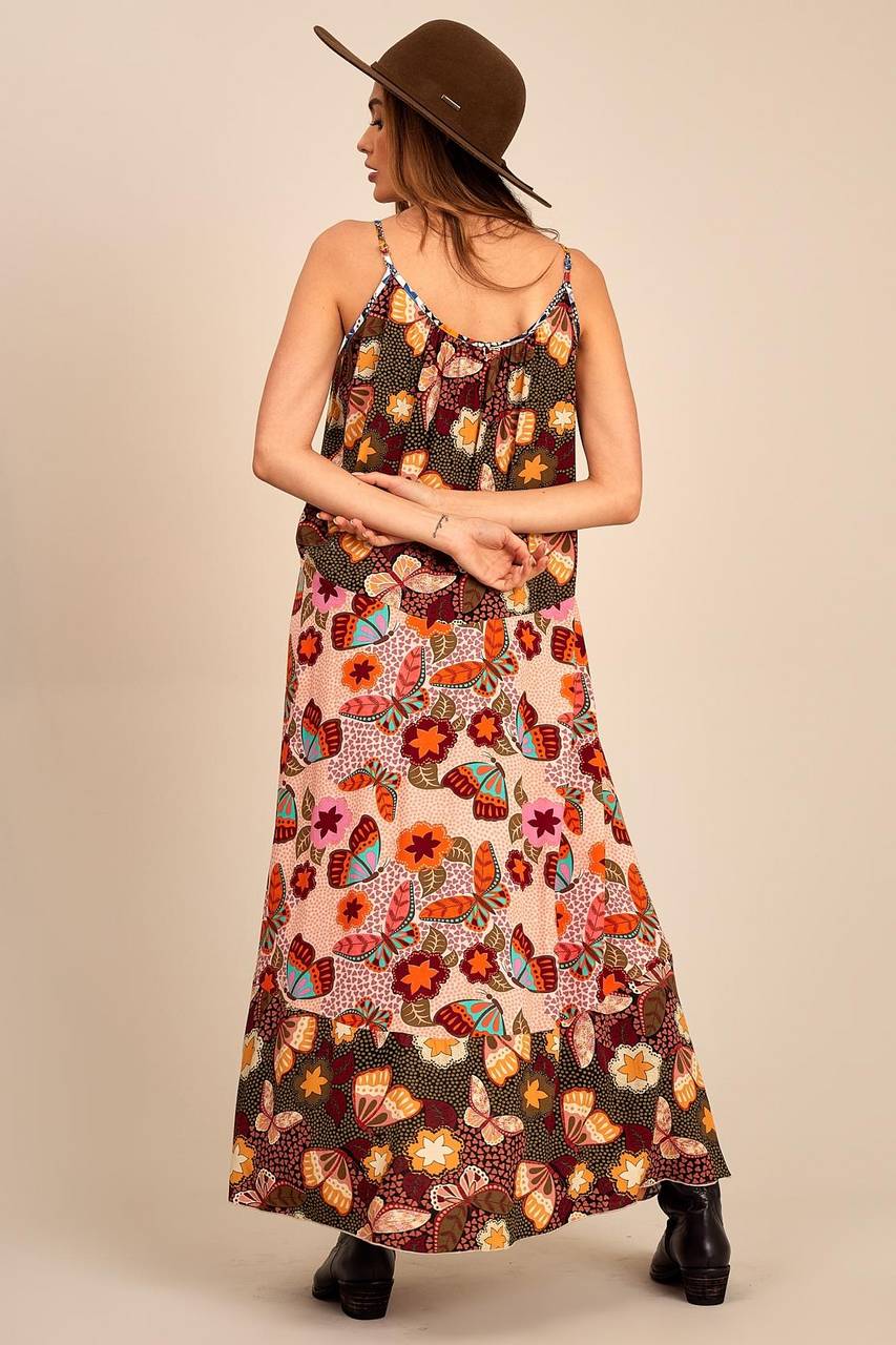 Yacamim D27 Printed Patchwork Long Dress with Adjustable Straps