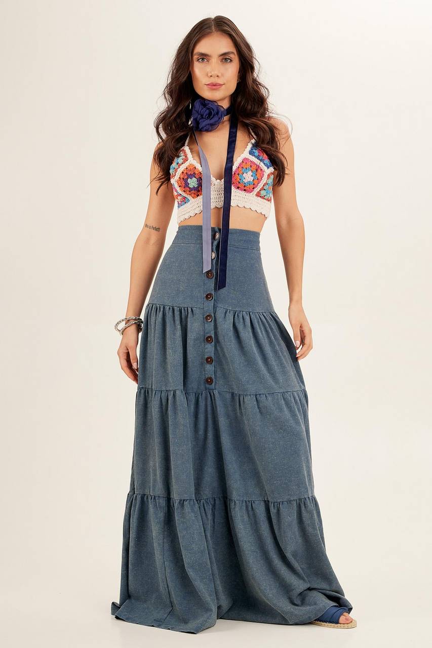 Yacamim Washed Teal Linen Long Skirt