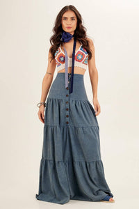 Yacamim Washed Teal Linen Long Skirt