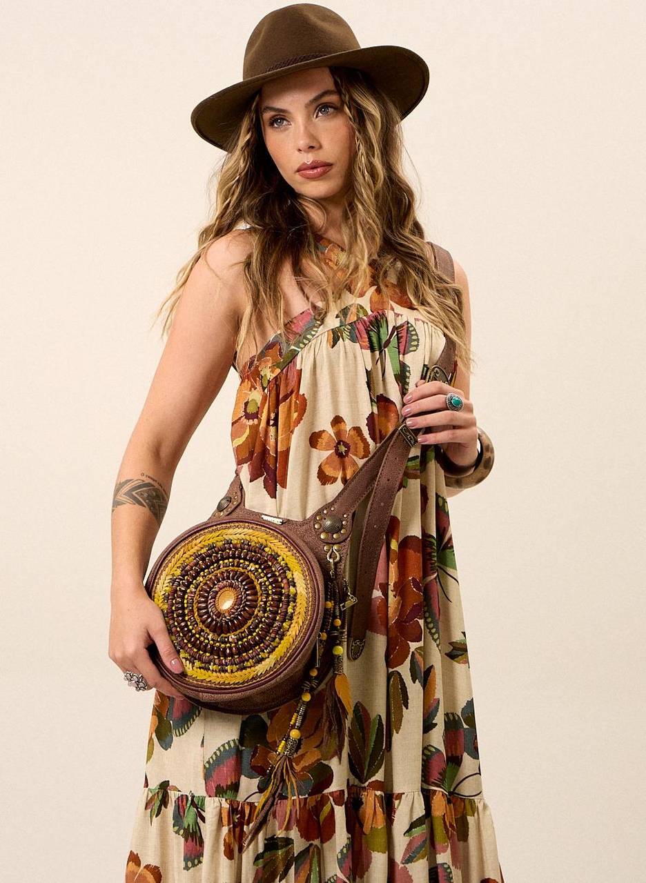 Yacamim Printed Beige V-Neck Wide-Strap Long Dress