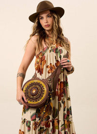 Yacamim Printed Beige V-Neck Wide-Strap Long Dress