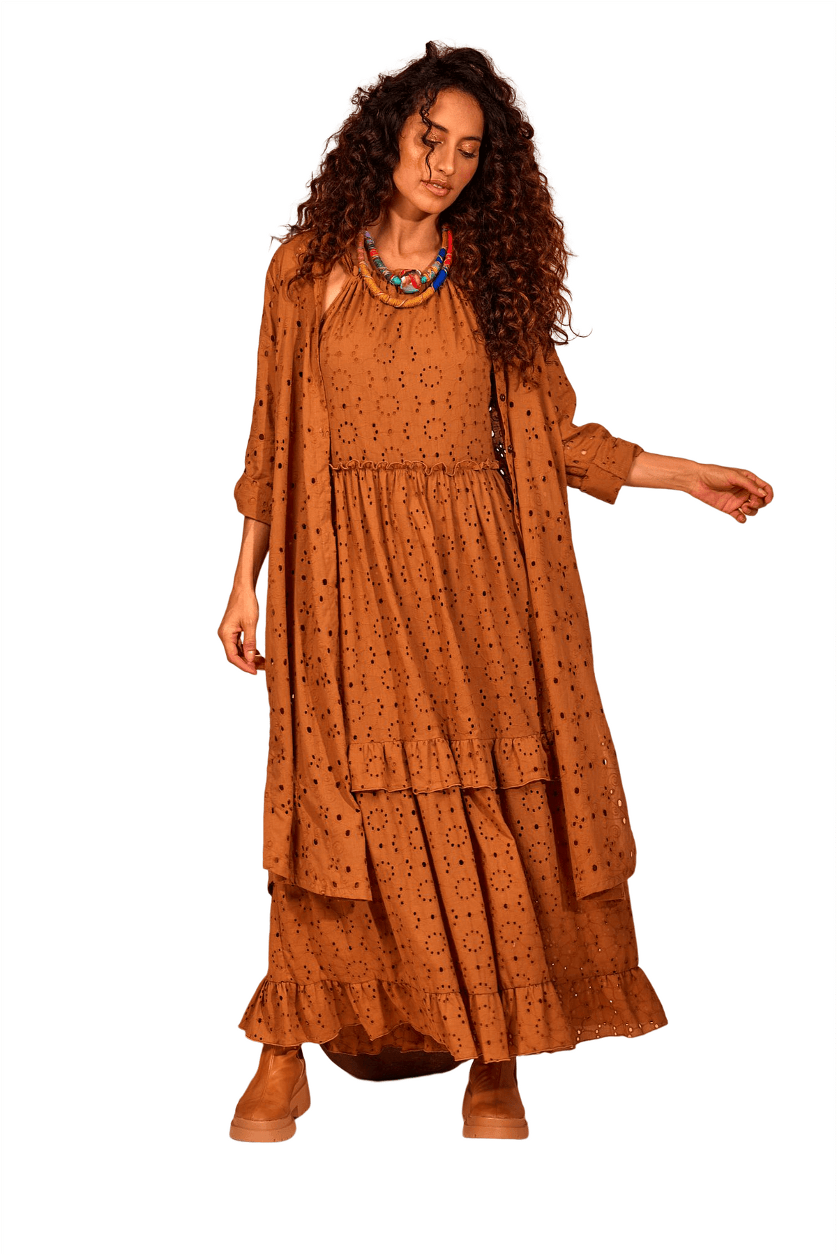 Yacamim Brown Midi Embroidery Shirt No Cuffs