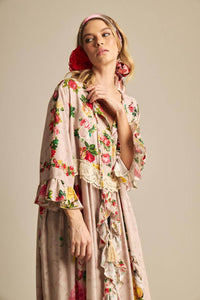 Yacamim C27 Beige Floral Print Midi Dress With Front Slit