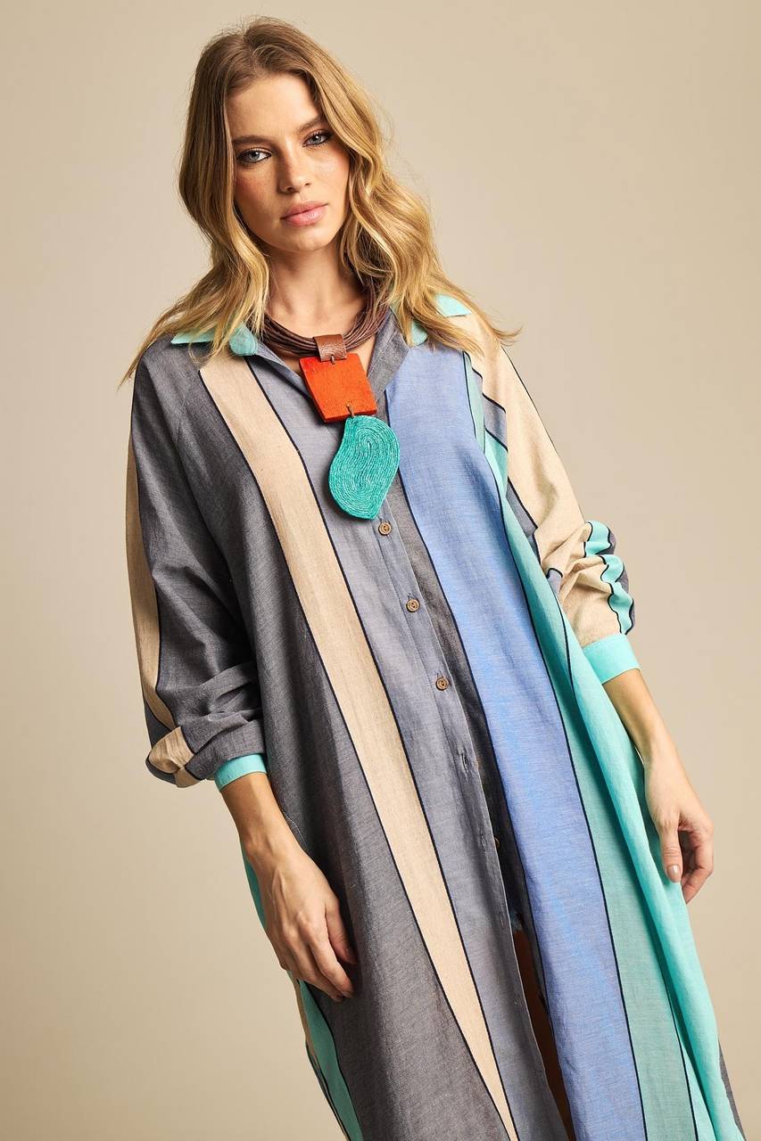Yacamim N3 Blue and Green Striped Loose Long Shirt