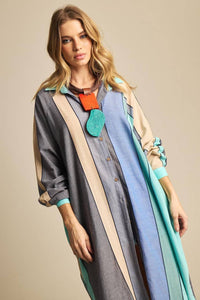 Yacamim N3 Blue and Green Striped Loose Long Shirt