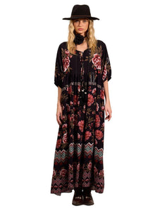 Yacamim Black Printed 3/4 Sleeve Long Dress