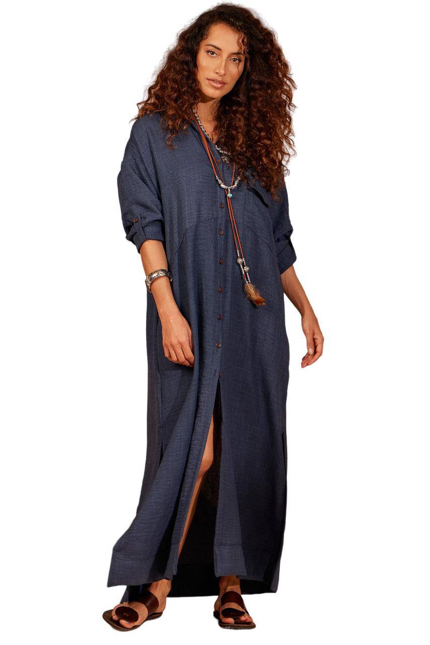 Yacamim Navy Blue Loose Long Shirt with Rolled-Up Sleeves
