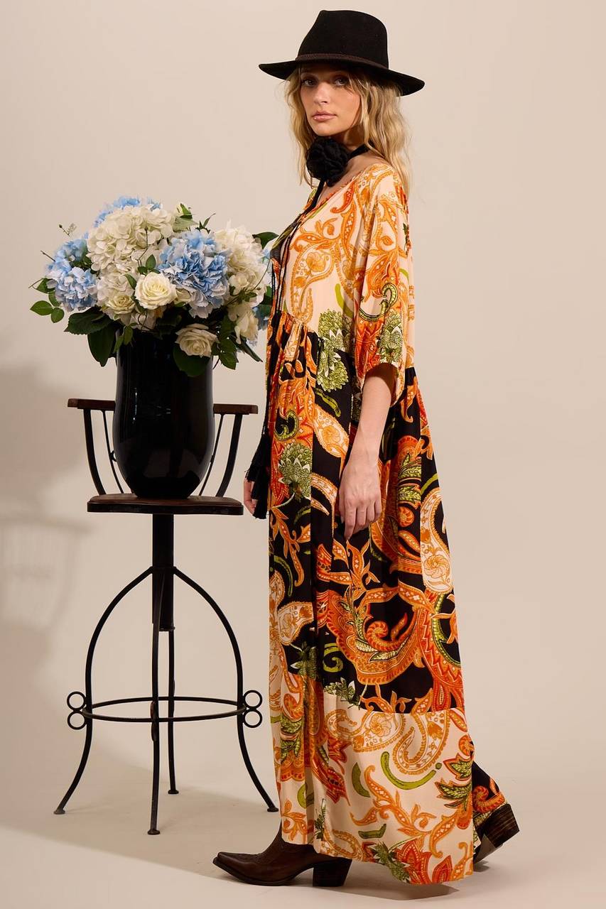 Yacamim Orange Patchwork 3/4 Sleeve Midi Dress D16