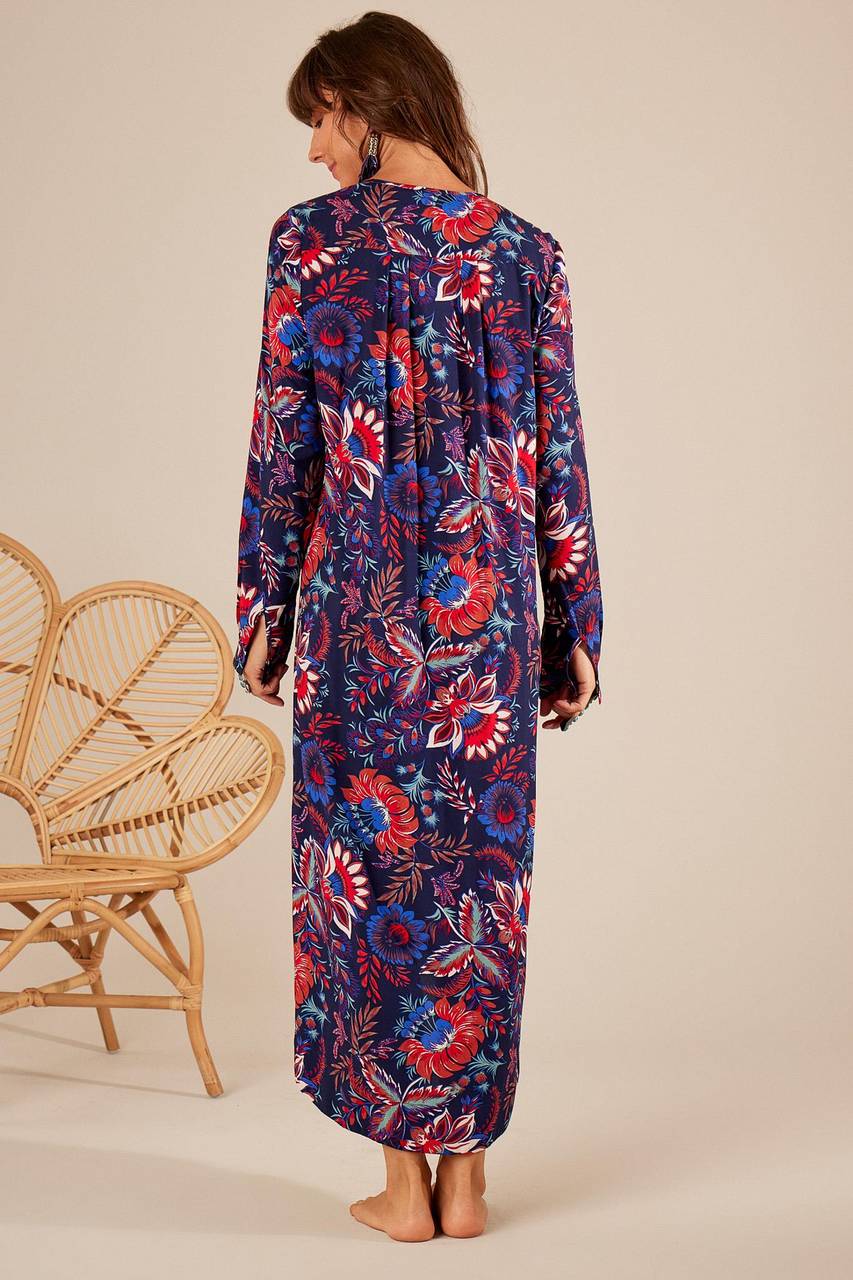 Yacamim Navy Blue Printed Long Sleeve Mullet Chemise