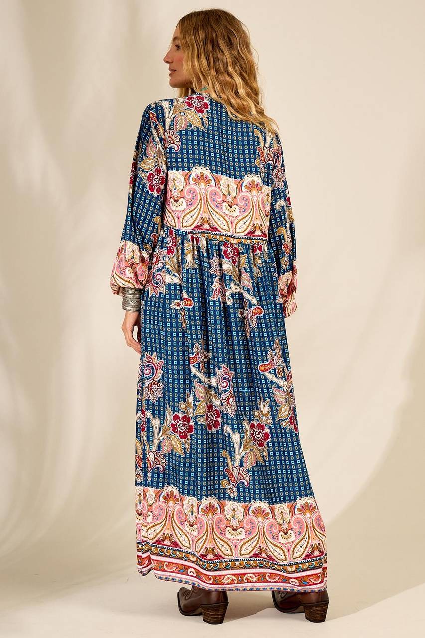 Long Blue Paisley Print Puffed Sleeve Dress Yacamim E2