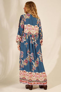 Long Blue Paisley Print Puffed Sleeve Dress Yacamim E2
