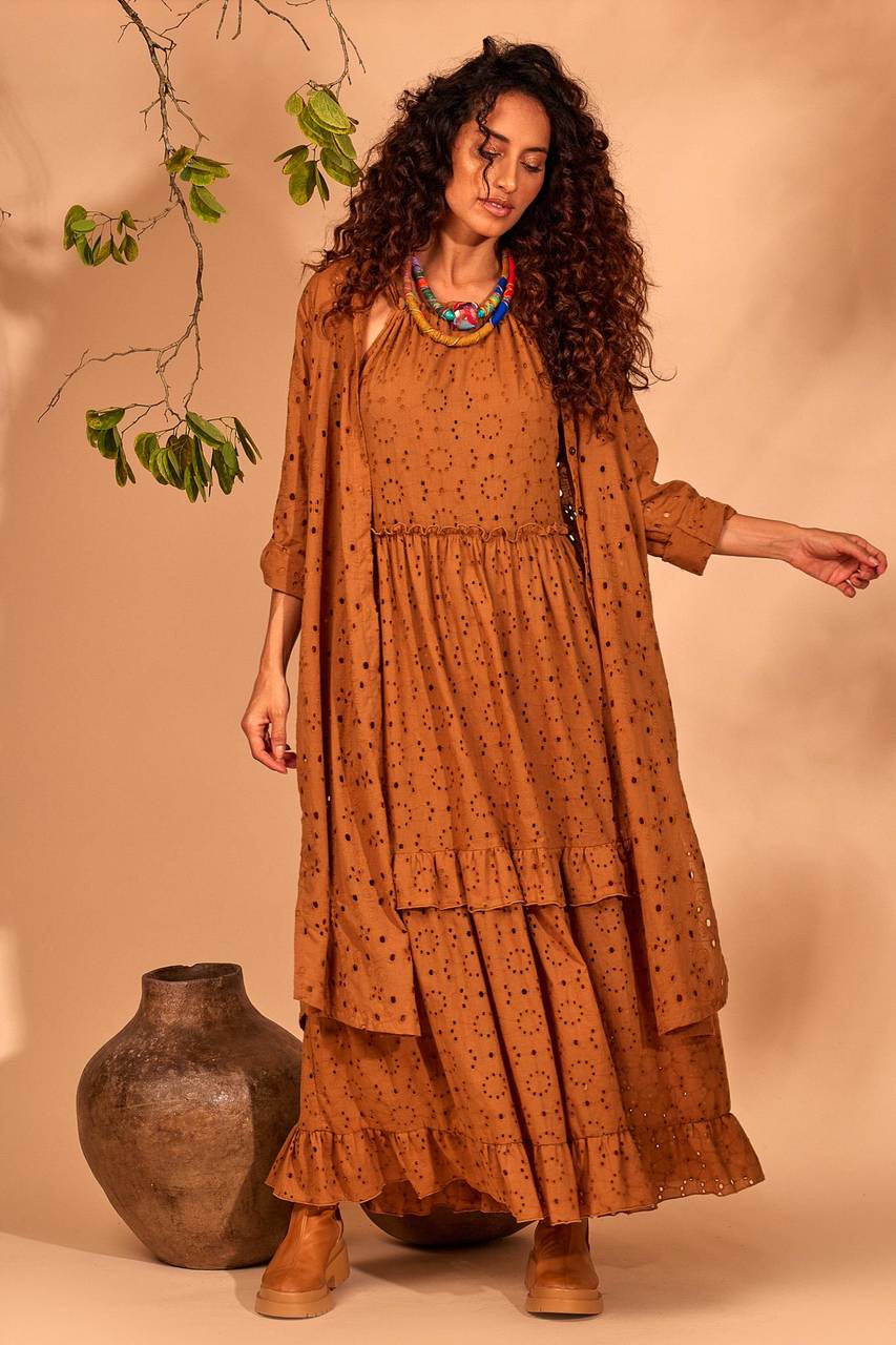 Yacamim Brown Laise Halter Neck Long Dress<br />
<p>
</p>