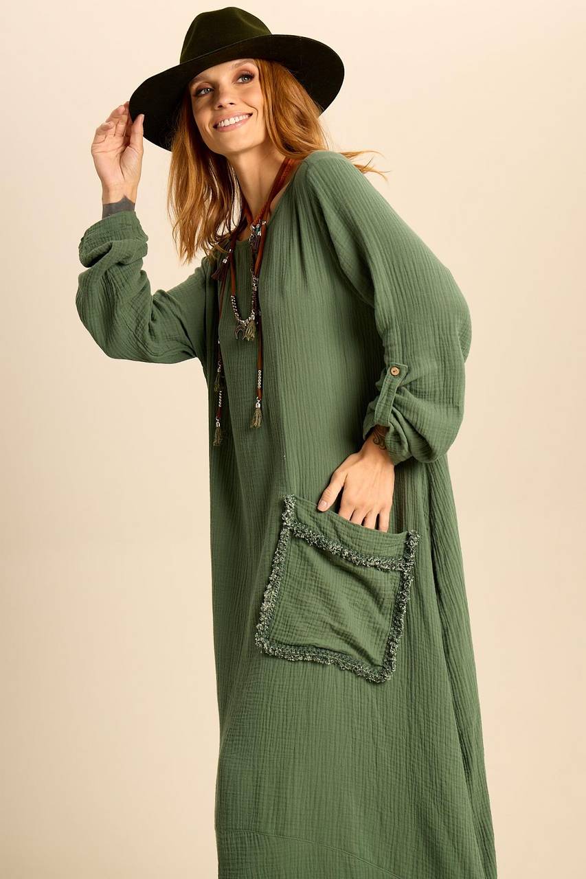 Yacamim Military Green Long Dress with Long Sleeves