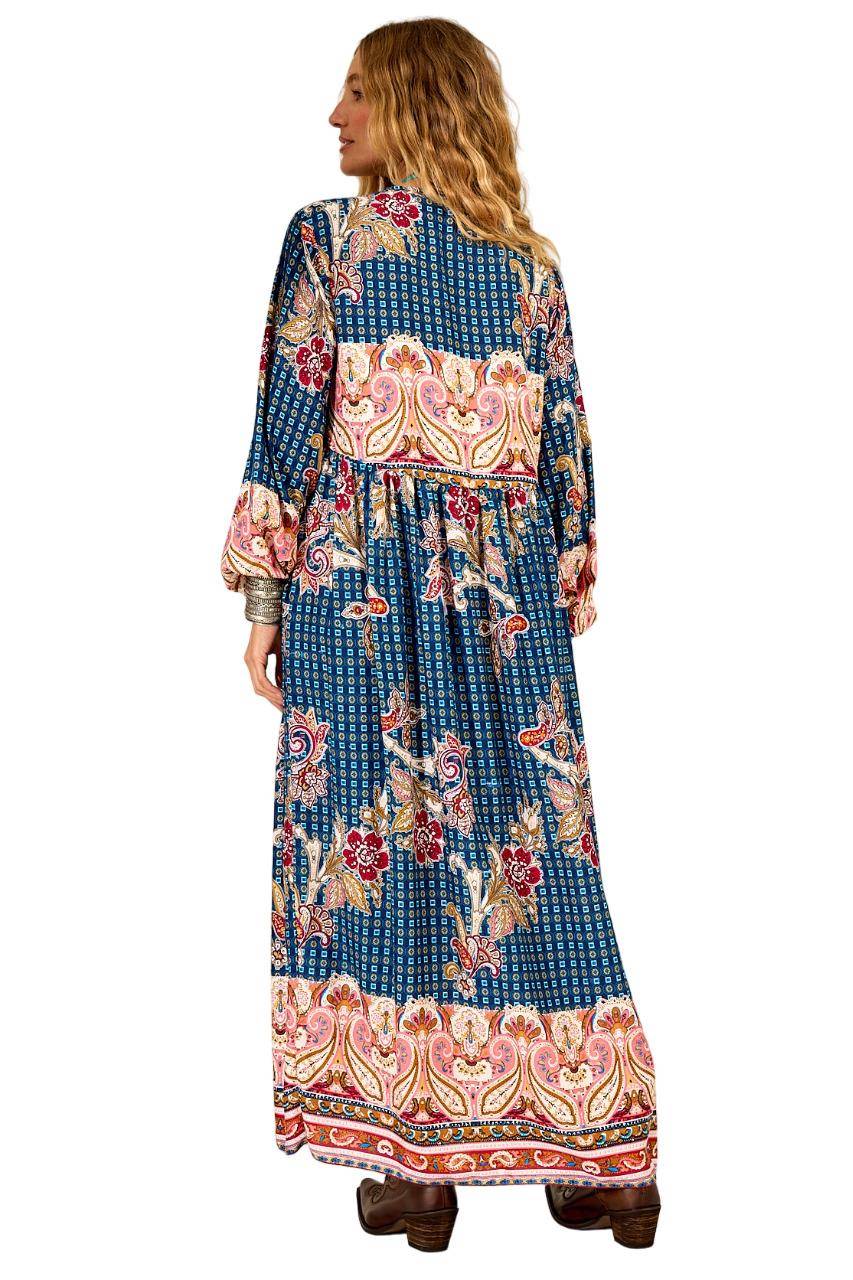 Long Blue Paisley Print Puffed Sleeve Dress Yacamim E2