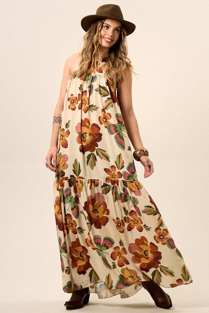 Yacamim Printed Beige V-Neck Wide-Strap Long Dress
