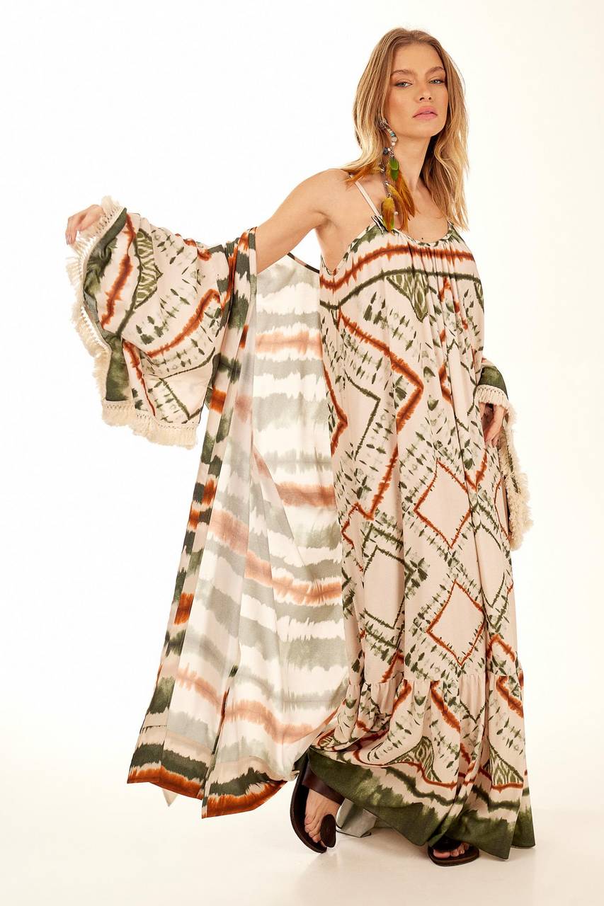 Yacamim Green Tie-Dye Digital Print Long Dress with Adjustable Straps