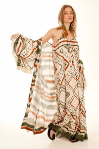 Yacamim Green Tie-Dye Digital Print Long Dress with Adjustable Straps