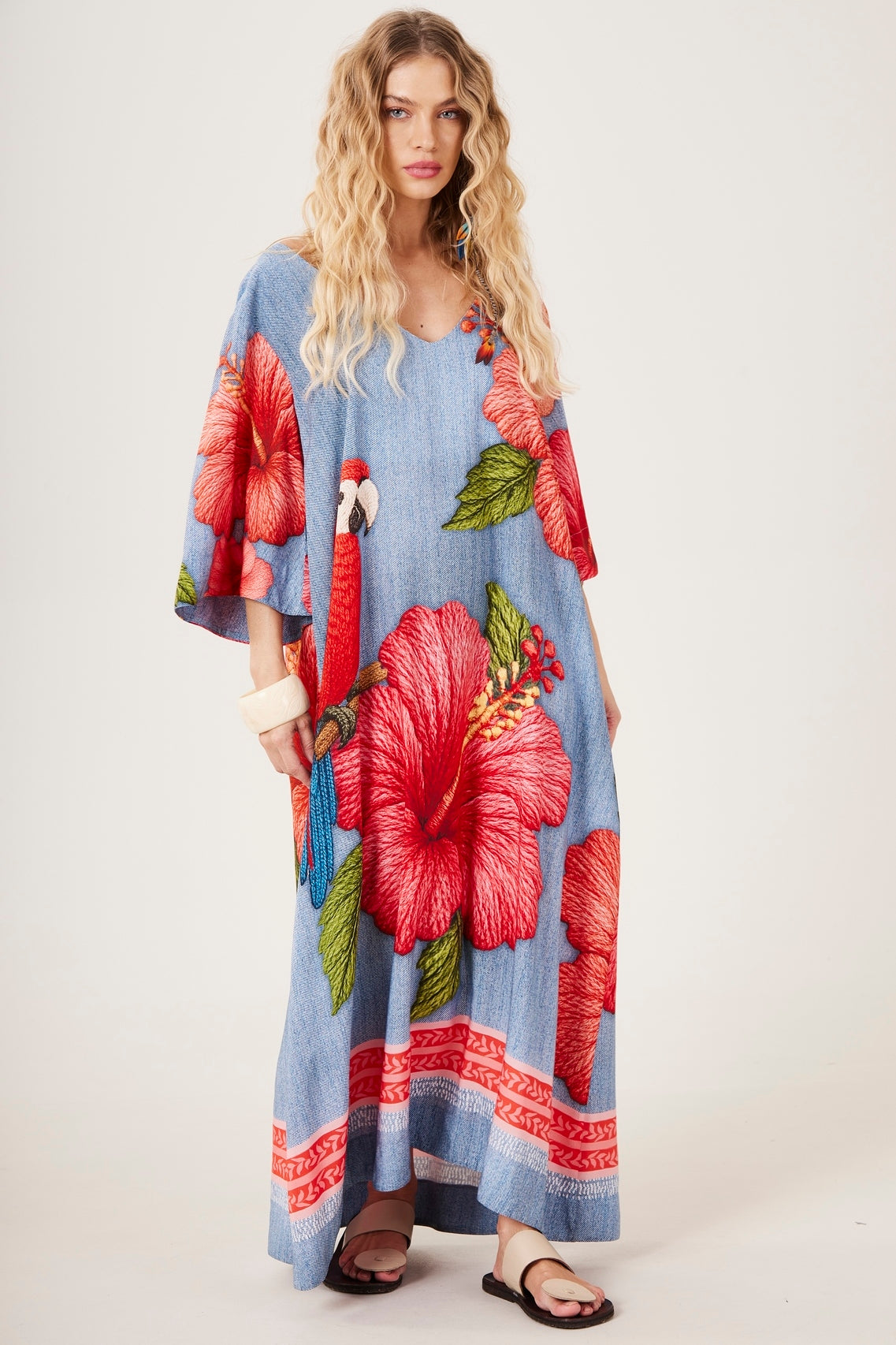 Yacamim D24 Blue Off-the-Shoulder Long Dress with Macaw Print